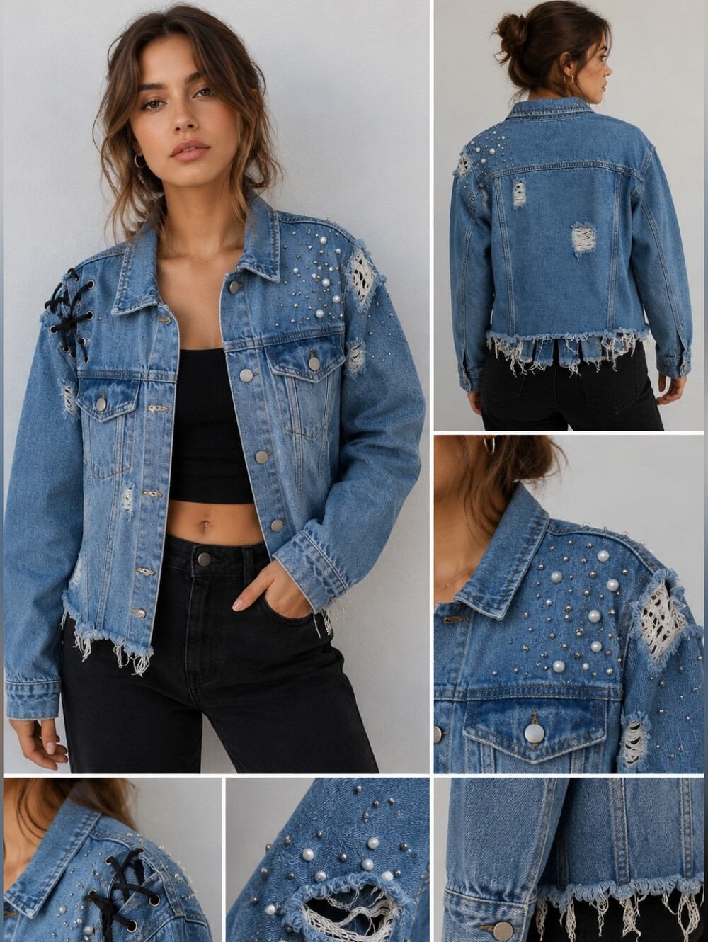 Blue Turtle Women's Distressed Denim Jacket XL & L Studded Pearl Embellished NWT